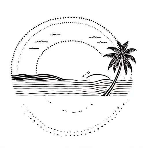 Sunshine And Palm Tree And Ocean Waves Line And Dot