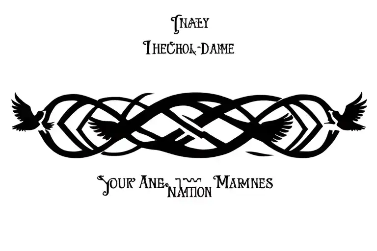 Infinity Symbol With Four Names Incoporated And A Cros In The Middle With 4 Doves Flying