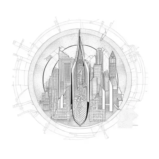 A City Skyline With Architectural Elements Incorporated Into The Strings Of A Guitar