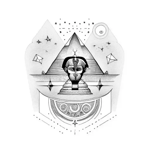 A Blackwork Tattoo Of The Great Sphinx Of Giza With A Celestial Background
