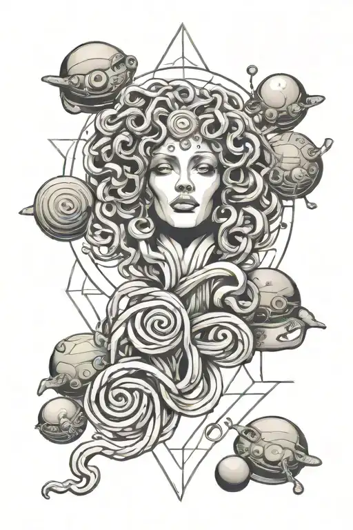 A Minimalist Tattoo Of Medusa Intertwined With Candy And Surrounded By Ufos
