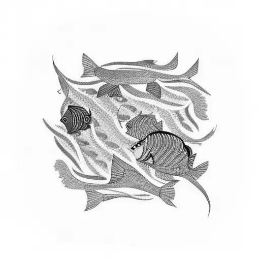 A School Of Colorful Fish Swimming In A Mesmerizing Pattern