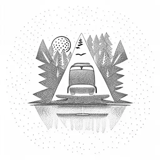 A Minimalist Tattoo Of A Car Driving Through A Scenic Hiking Trail