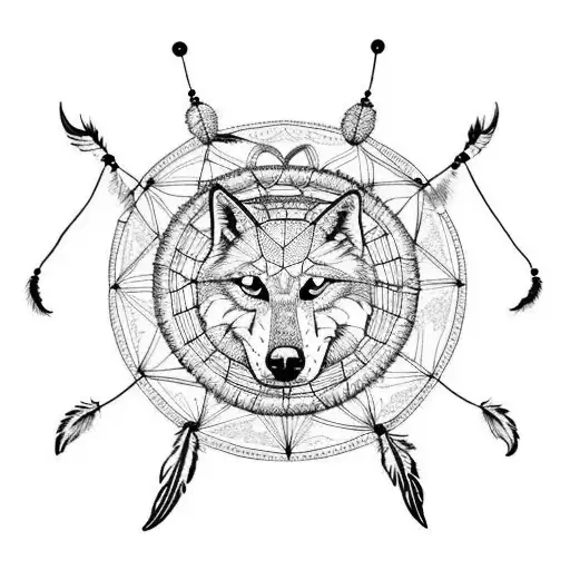 Dream Catcher With A Wolf Heas In The Center