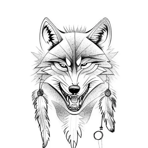 Dream Catcher With An Angry Wolf Head In The Center