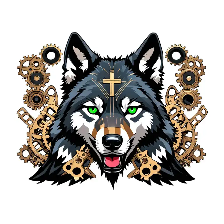 Steampunk Wolf With Gears And Emerald Green Eyes And A Cross