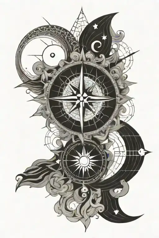 Aligned Sun And Moon And Waves And Compass