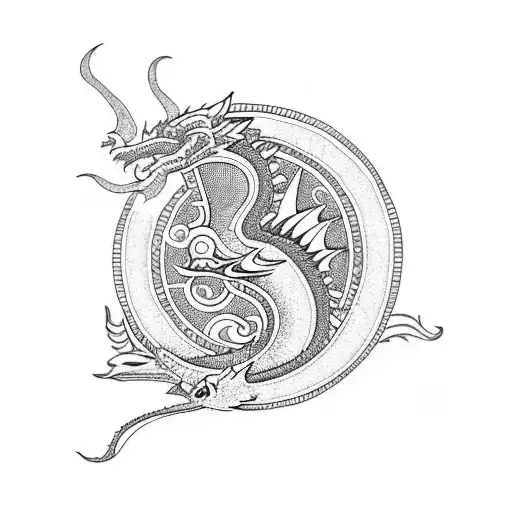 Mayan Dragon With Lotus Flowers Next To A Phoenix