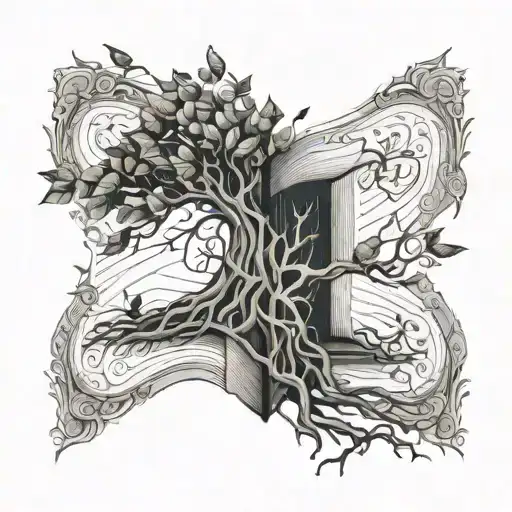 Tree With Half Leaves Half Birds And With Roots Coming Out Of A Book