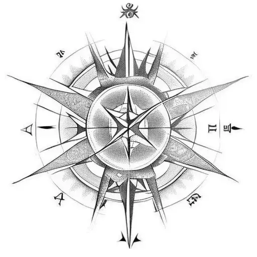Spine Tattoo In A Downward Line With Aquarius Star Sign A Compass And An Angel Falling