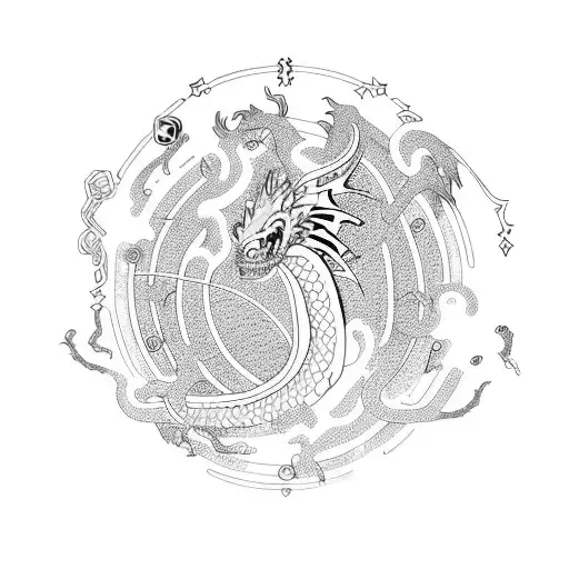 Dragon Surrounded By 7 Balls And The Balls Contain Zodiac Signs