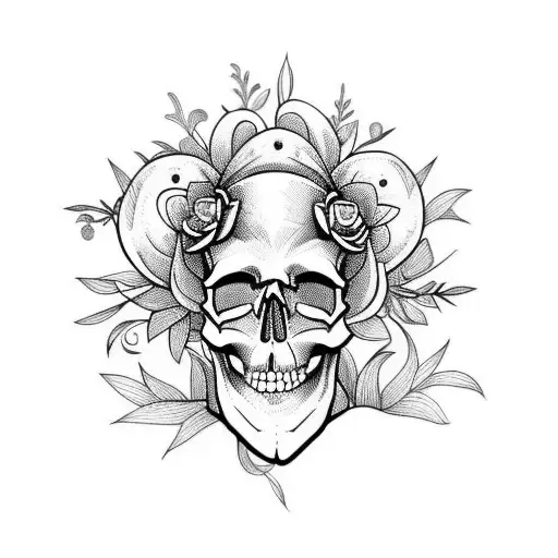Skull With Flowers And Mushrooms Coming Out Of The Inside