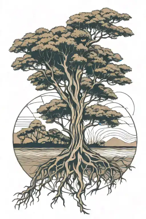 Half Sleeve Tattoo Acacia Tree With Roots Connected To The Country Of Zimbabwe Outline