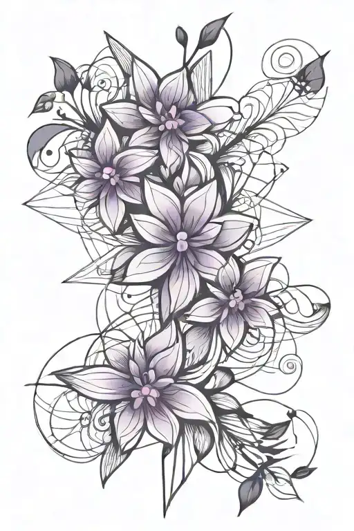 Brush And Abstract Lines With Three Purple Flowers