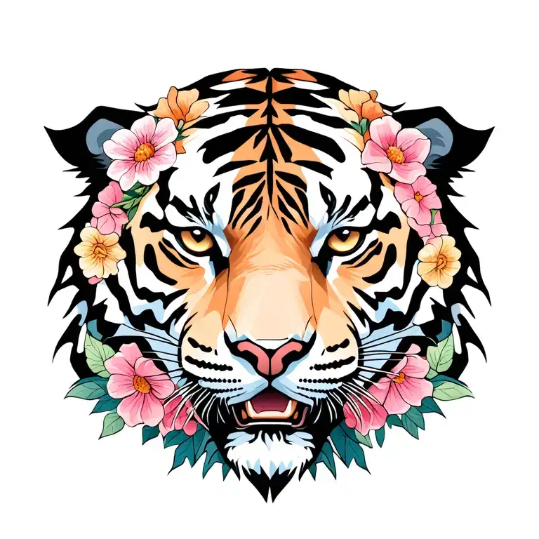 Small Tiger Head With Flowers