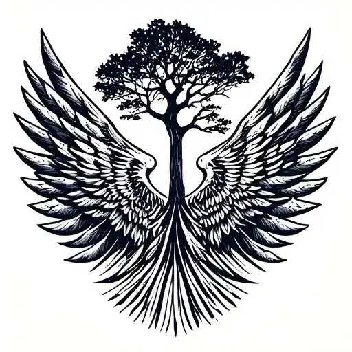 Lebanese Cedar Tree In The Middle And Wings On The Side