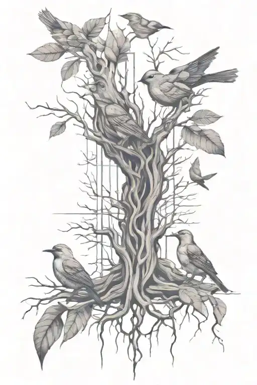 Linear Conceptual Tattoo With Birds And Tree Roots