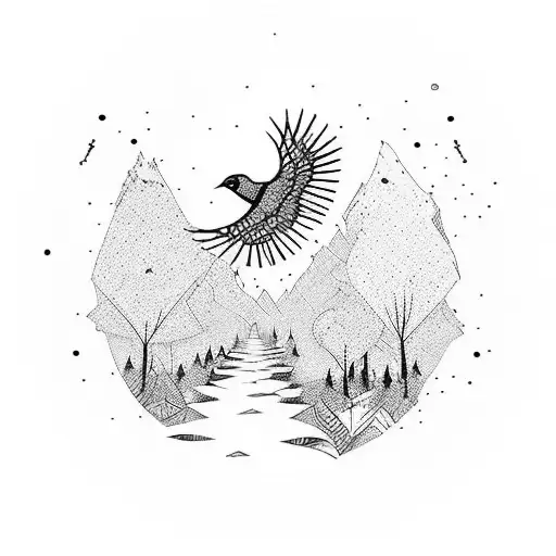 Warrior Walking Lone Forest Path With Bird Flying Above