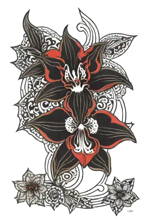 Black And Red Orchid With Mandala Design Incorporating
