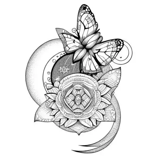 Butterfly With Flowers And Moon