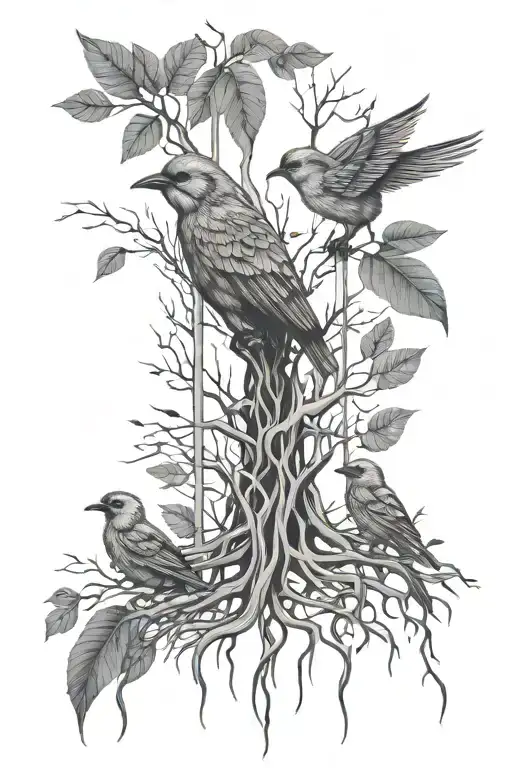 Linear Conceptual Tattoo With Birds And Tree Roots
