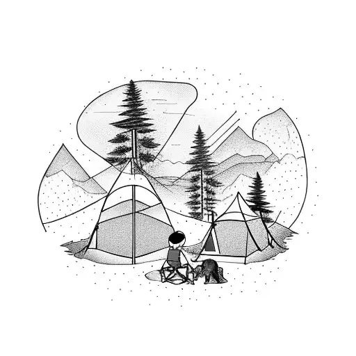 Montana Landscape With A Grandfather And Grandson Camping With A Dog