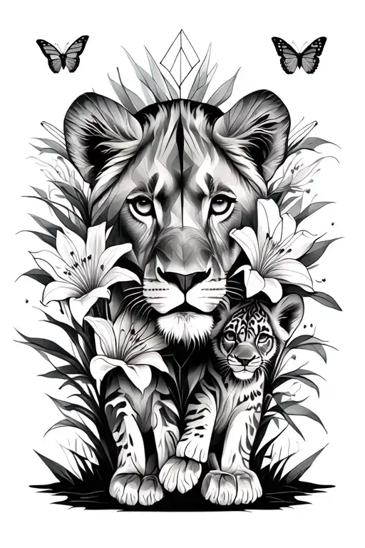 Lioness 2 Lion Cubs Butterflies Lily Flowers