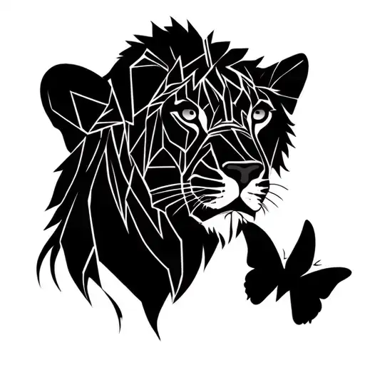 Half Head Lioness 2 Lion Cubs Butterflies