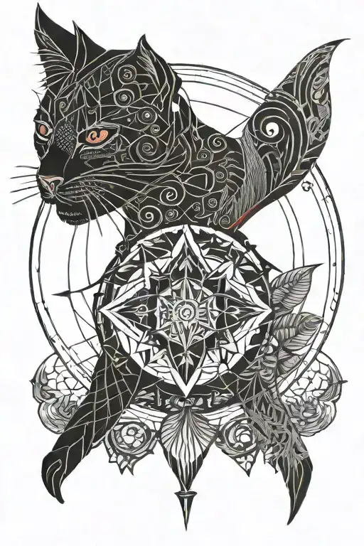 Red Tattoo So That The Wind Rose Is Connected To The Cat