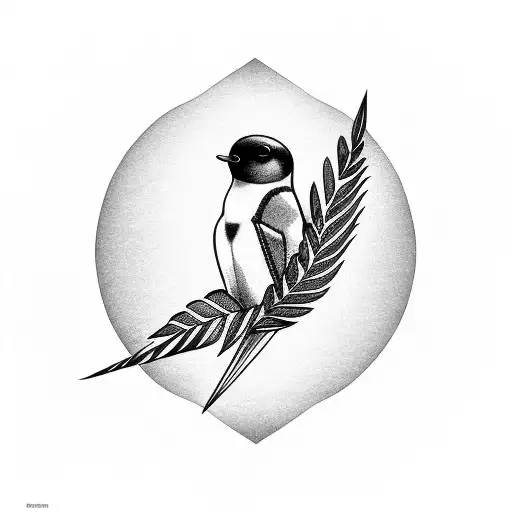 Swallow Bird Holding Fern Overlooked By Cat