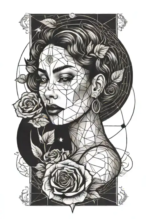 Woman Face With Moon And Rose Surrounded