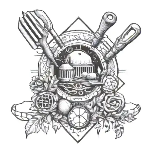 A Tattoo Design Featuring A Historical Baking Tool Surrounded By Wildlife And Nature Elements