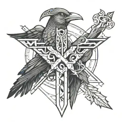 Cross Sword And Vikings Symbol And Crow