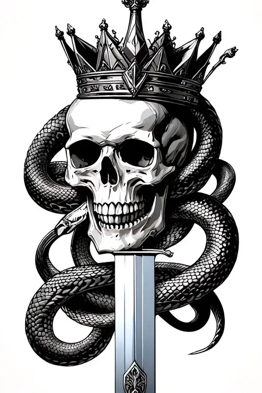 Crowned Anatomical Skull Pierced With Sword Wrapped By Snake