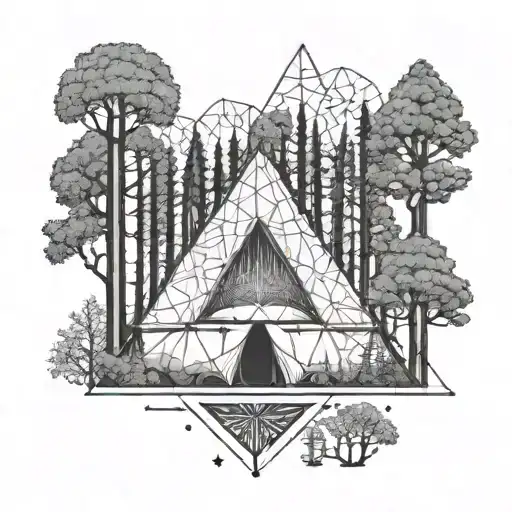 A Geometric Tattoo Featuring A Tent With Intricate Fractal Patterns Blending Into A Forest Of Trees