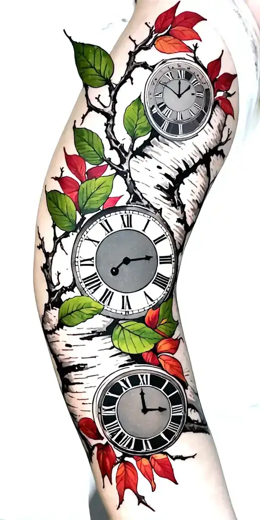 Birch Branches With Hunter Green Leaves With Only Three Clocks Integrated Into It For An Arm Sleeve