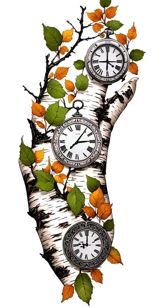 Birch Branches With Hunter Green Leaves With Only Three Clocks Integrated Into It For An Arm Sleeve