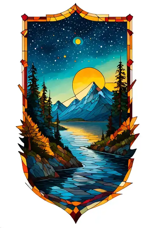 Stained Glass Starry Night Sky Tall Mountain Scene By River