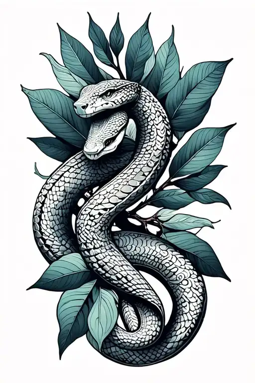 Intricate Detailed Snake Around A Branch Of 6 Leaves