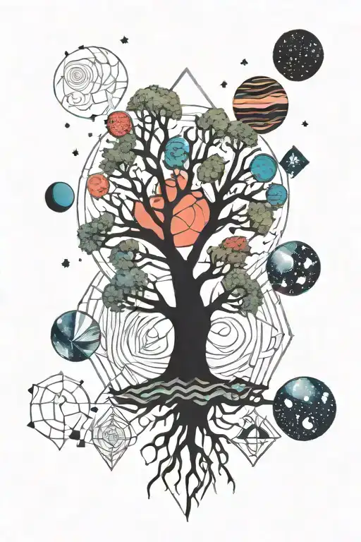 Tree And Colorful Planets And Stars