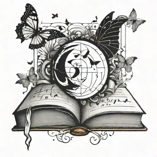 Open Book With A Half Moon And Butterflies