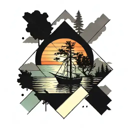 Fishing Boat With Trees Colors Sunset