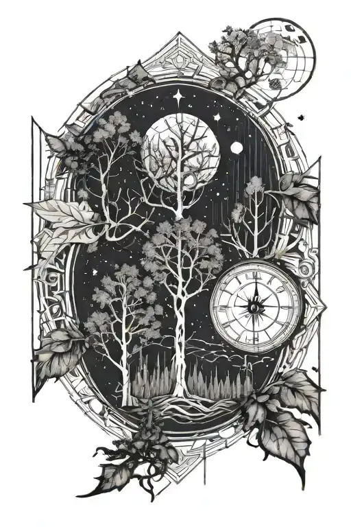 3 Trees In Front Of A Moon With A Compass And Clock