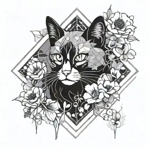 Poppies And Primroses Surrounding A Black Cat