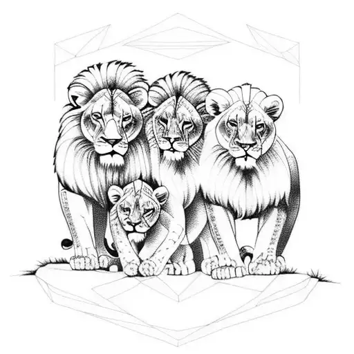 Lion And Lioness With Their 3 Cubs