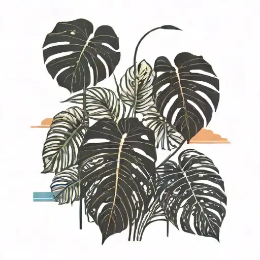 Large Drooping Monstera Leaves Sunset Over Lake