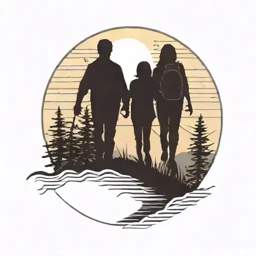 A Silhouette Of A Family Hiking Up A Steep Trail With The Sun Setting Behind Them