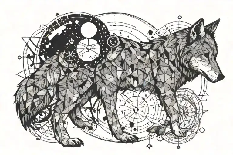Wolf In Cosmos With Planets