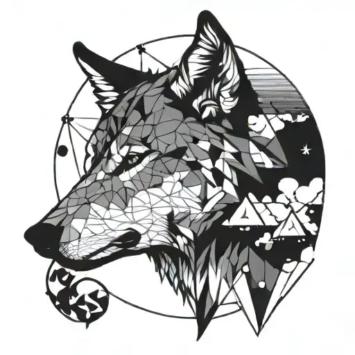 Wolf Profile Surrounded By Mountains And Planets