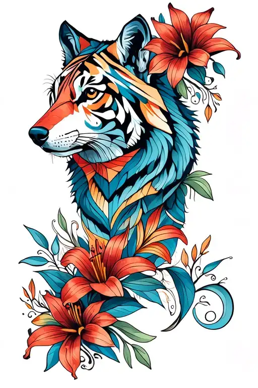 Mixture Of Blue And Red Tiger Lily Flower With Mendhi Designs And Wolf